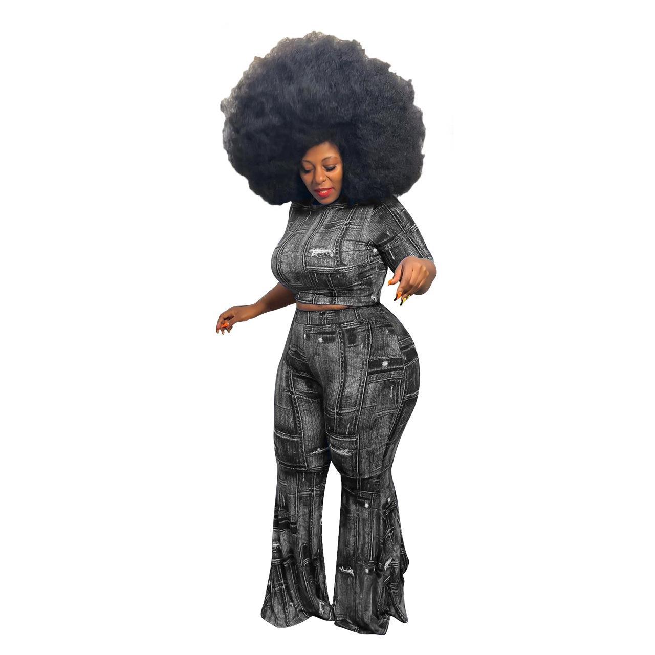 Faux Denim Geometric  Colorblock Print Women's Short Sleeve Crop Top + Skin Tight Leggings 2-Piece Set to 4X Plus Size