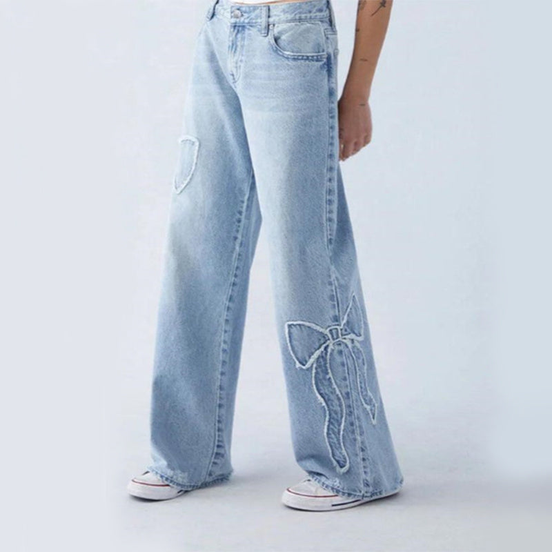 Denim Faded Butterfly Embroidered Women's Side Frayed Street Design Baggy Jeans