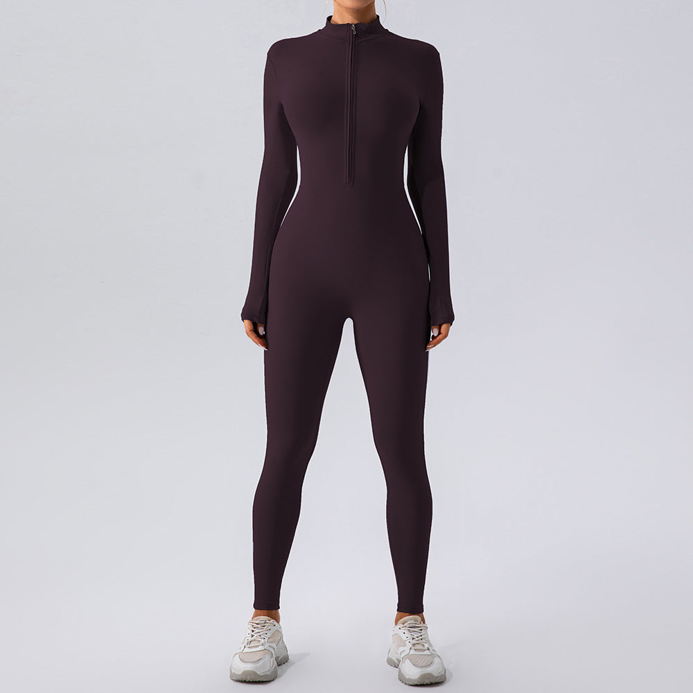 Fleece Lined Yoga Long Sleeve Fitness Zipper Skinny Jumpsuit