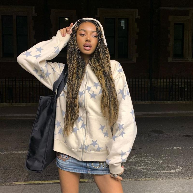 Star Print Unisex Long Sleeve Hip-Hop Zipper Hoodie Sweatshirt
