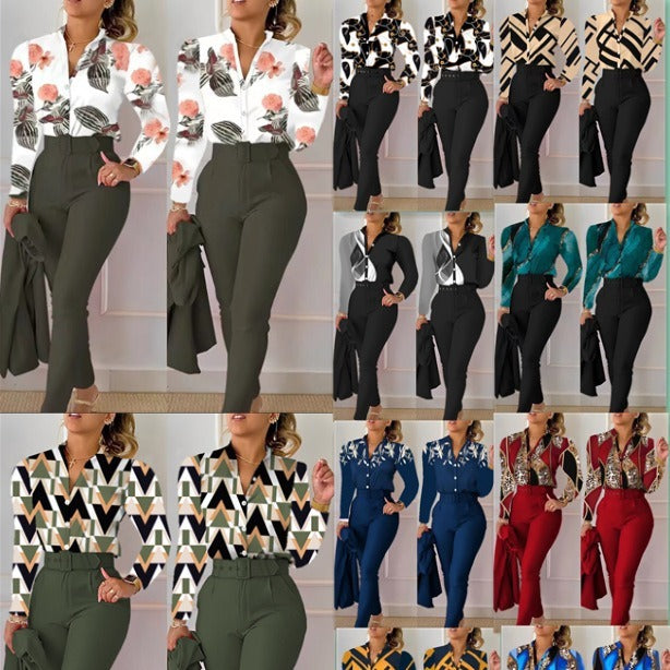 Floral/Geometric/Baroque/Colorblock Gradient Print Long Sleeve Blouse + Solid Color Pants w/ Belt 2-Piece Office Attire Set
