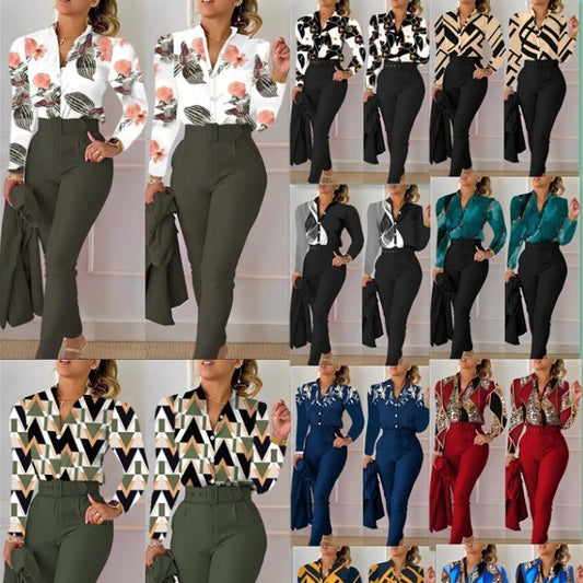 Floral/Geometric/Baroque/Colorblock Gradient Print Long Sleeve Blouse + Solid Color Pants w/ Belt 2-Piece Office Attire Set