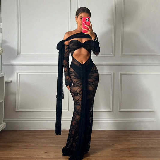 Lace Sleeveless Sheer Transparent Tube Top Chest Wrapped Design Hollow-Out Skinny High Slit Maxi Dress