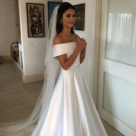 Satin Vintage A-Line Off-the-Shoulder Sweep Train Zipper Back Wedding Bridal Gown