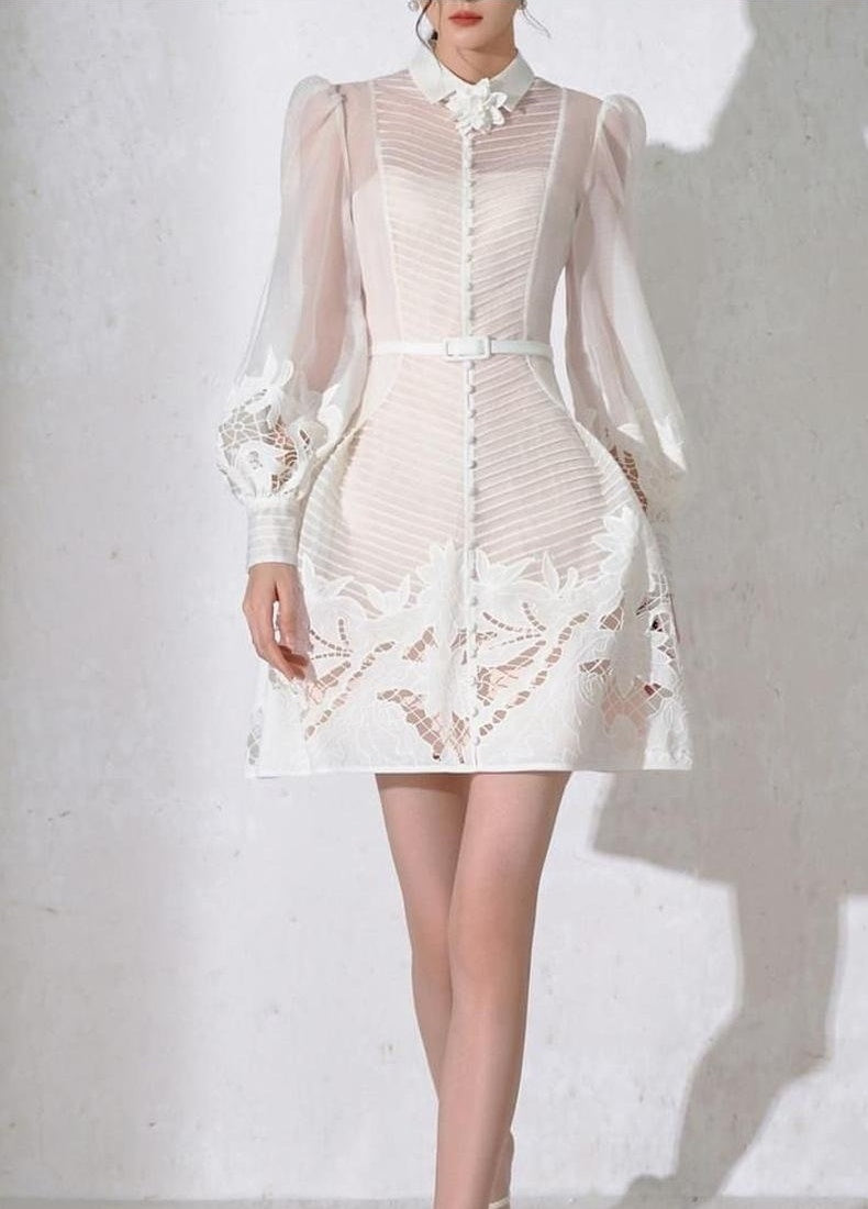 White Transparent Crochet Floral Pattern Patchwork Turn-Down Collar Pleated Long Puff Sleeve Midi Dress
