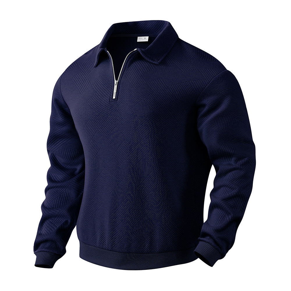 Men's Jacquard Turn-Down Collar Half Zipper Solid Color Long Sleeve Sweatshirt