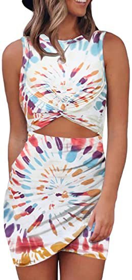 Ruched Tie-Dye/Leopard/Flower/Gradient Colorblock/Tropical Round Neck Hollow-Out Pullover Sleeveless Dress