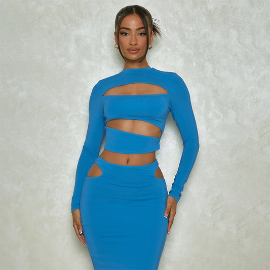 Neon Blue Hollow-Out Long Sleeve Women's Crop Top + Skinny Maxi Skirt 2-Piece Set