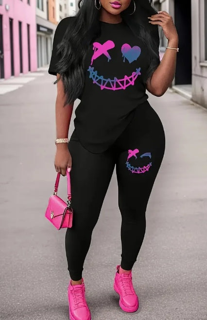 Smiley Face Emoji Women's Print O-Neck T-Shirt + Leggings 2-Piece Set