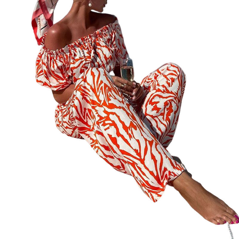Off-the-Shoulder Abstract Print Crop Top + Elastic Waist Women's 2-Piece Set