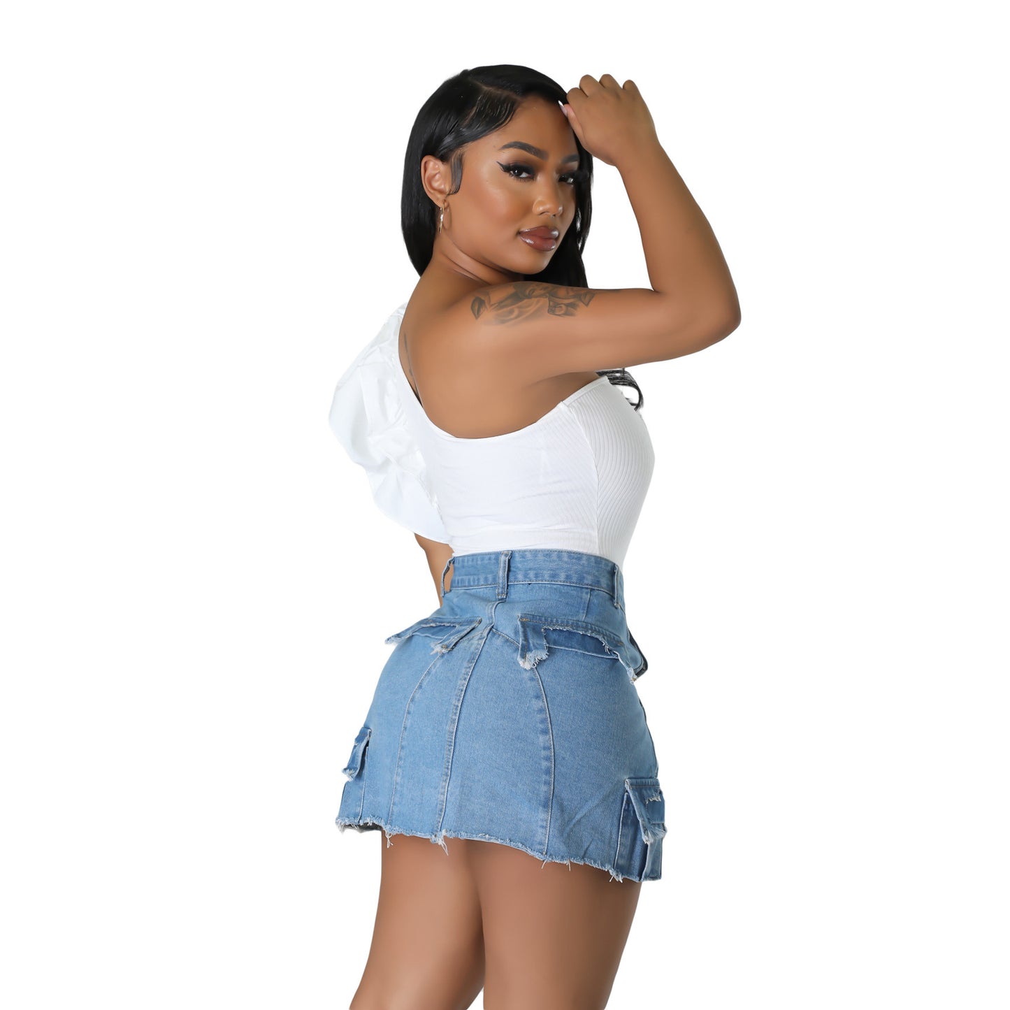Denim Button Cargo Pocketed Ripped Women's Mini High Slit Jean Skirt
