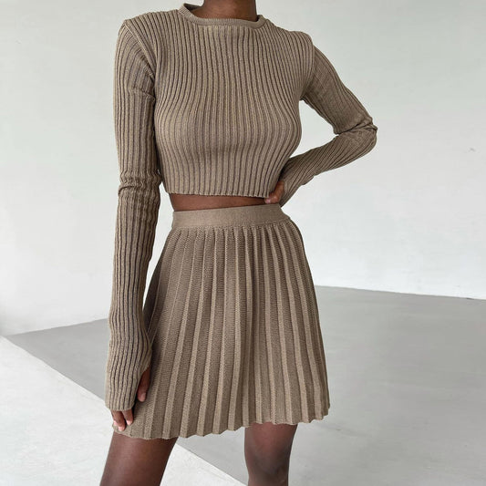 Ribbed Knitted Solid Color Women's Long Sleeve Sweater + Pleated Mini Skirt 2-Piece Set