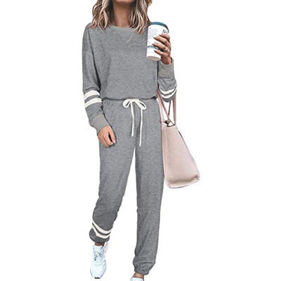Side Striped Long Sleeve Women's Sport Top + Drawstring Sweatpants Tracksuit to 3X Plus Size