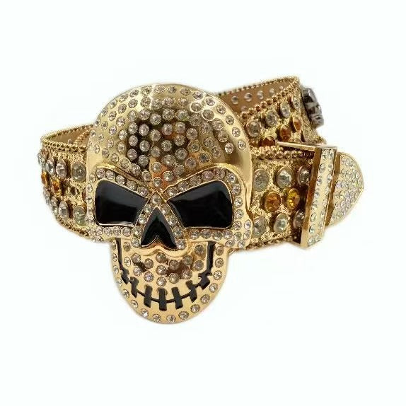 Metallic Rhinestone Skull Hip-Hop Pendant Decor Belt