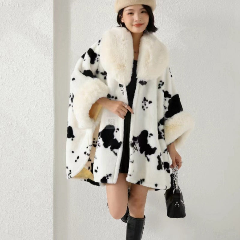Oversized Faux Fur Collar Zebra/Cowhide/Leopard Print Black/White Women's Shawl Coat