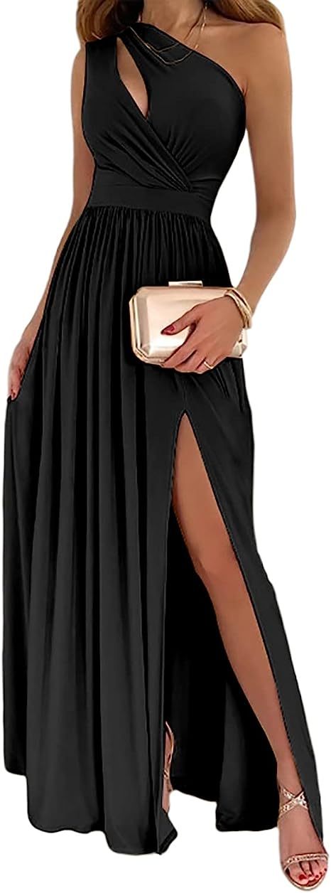 Asymmetrical One Shoulder High Slit Cut-Out Sleeveless Sexy Cocktail Maxi Dress
