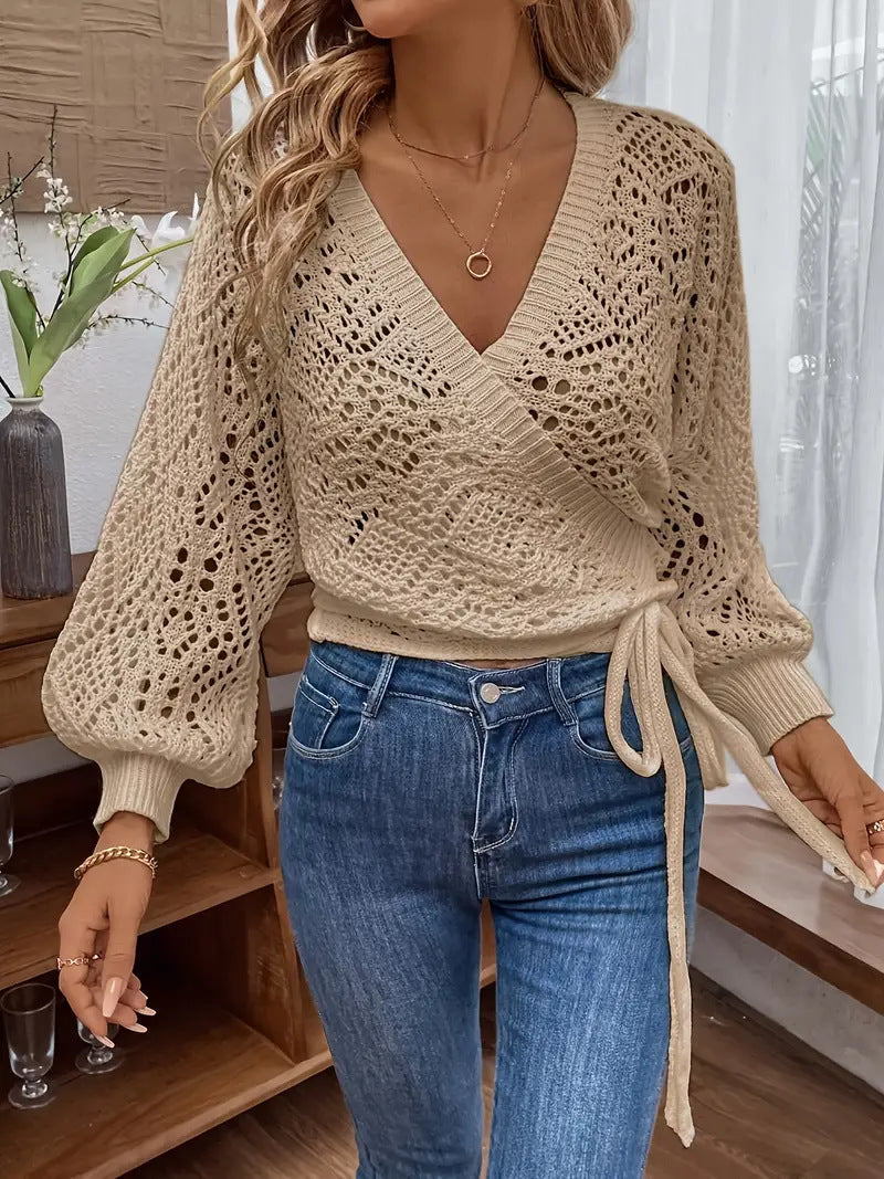 Knitted Solid Color V-Neck Wrapped Lace-Up Lantern Sleeve Women's Sweater