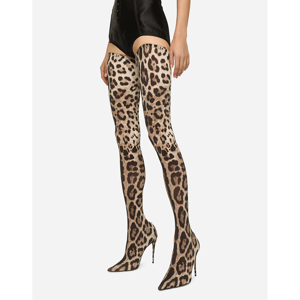 Leopard Print Pointed Toe Stiletto Heel Ultra Long Women's Over-the-Knee Stretch Thigh-High Boots