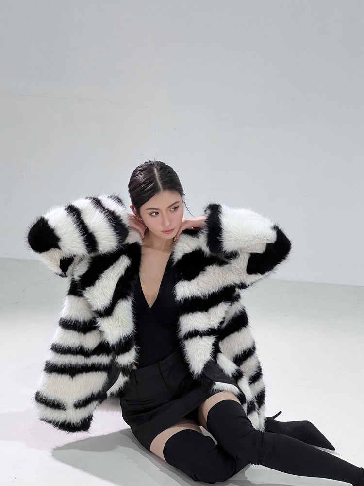 Faux Fur Black/White Zebra Print Turn-Down Collar Women's Jacket