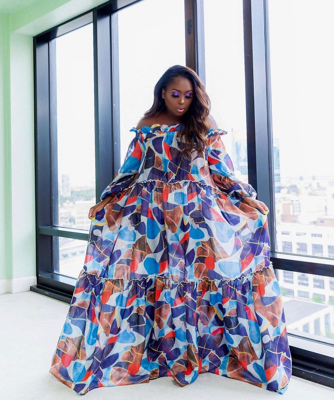 Oversized Geometric Floral Print Long Sleeve Off-the-Shoulder High Slit Maxi Dress to 5X Plus Size