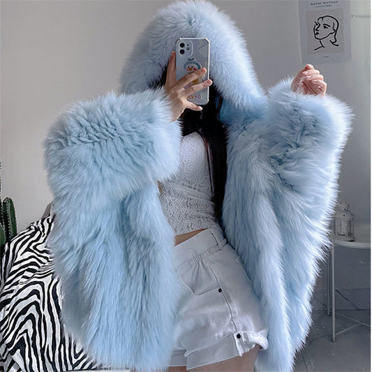 Shaggy Faux Fur Long Sleeve Women's Streetwear Hooded Jacket