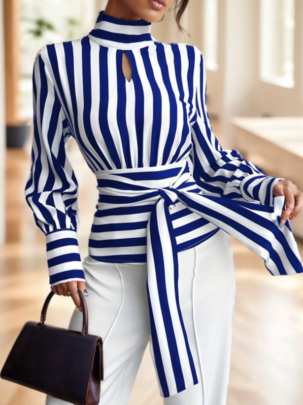 Striped Long Sleeve Tied Sash Women's Shirt