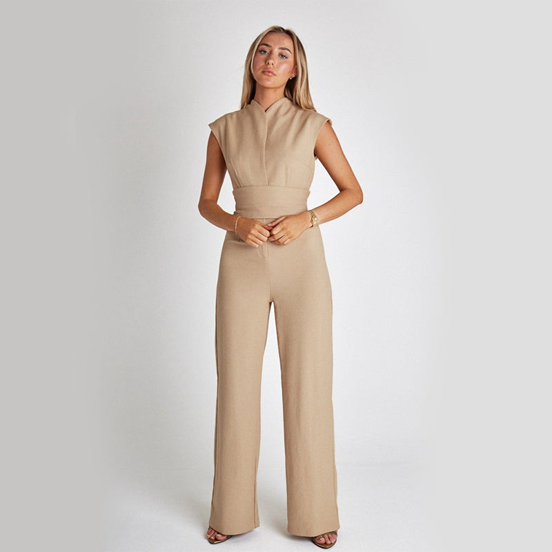 Sleeveless Micro V-Neck Sash Belt Detail Solid Color Wide Leg Jumpsuit to 5X Plus Size