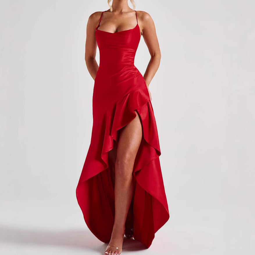 Backless Ruffled Irregular High Slit Solid Color Maxi Formal Party Dress