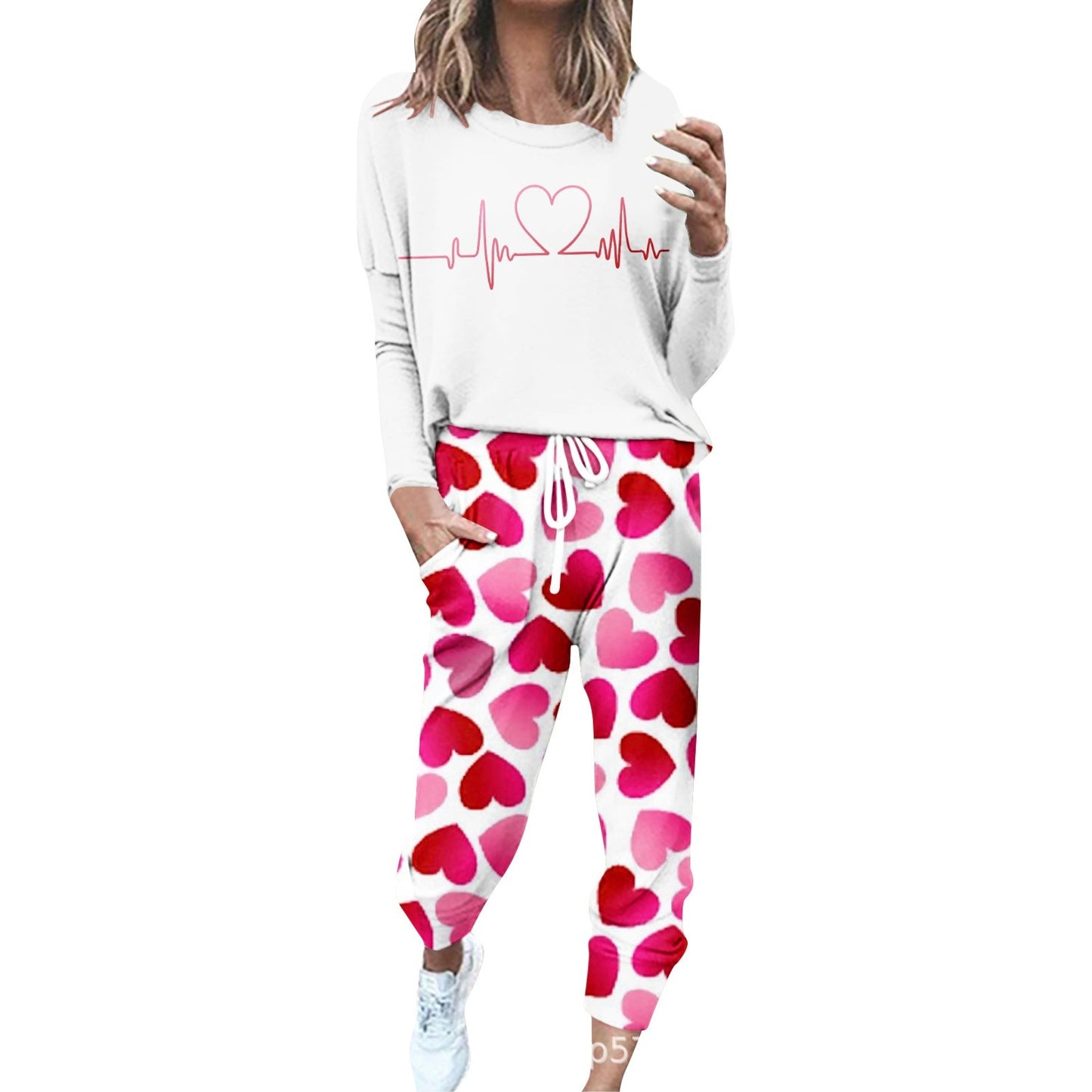 Heart Graphic Print Long Sleeve Women's T-Shirt + Heart Print Sweatpants Women's 2-Piece Sets to 5X Plus Size - 12 Colors