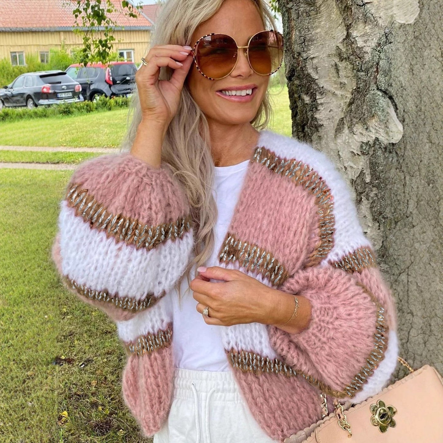 Crochet Colorblock Striped Women's Long Sleeve Cardigan Sweater