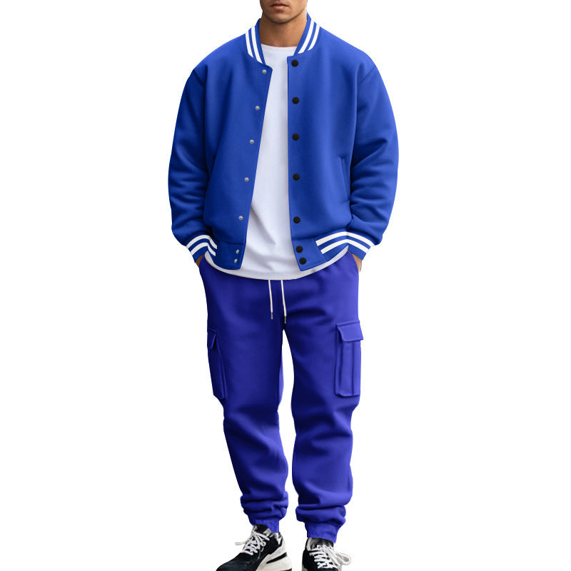 Men's Striped Stand Collar Fleece Lined Button-Up Baseball Bomber Jacket + Multi-Pocketed Cargo Sweatpants Tracksuit