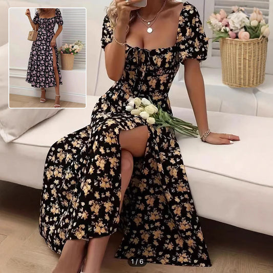 Floral Print Bohemian Short Sleeve High Side Slit Lace-Up Beach Maxi Dress