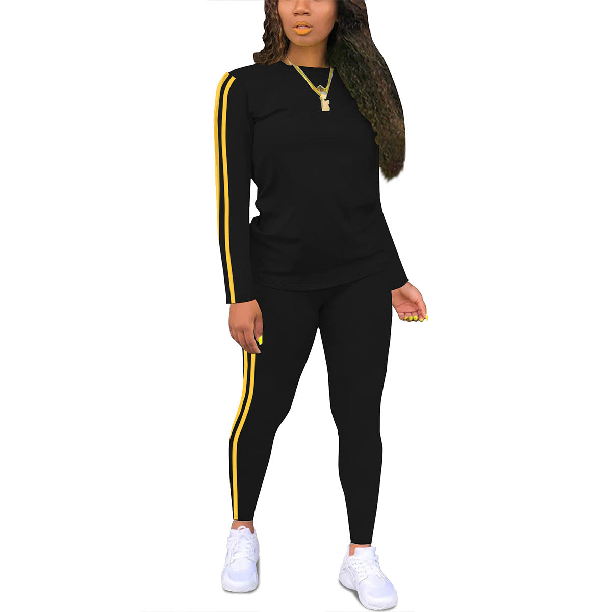 Side Striped Fitness O-Neck Women's Long Sleeve Top + Skinny Sweatpants 2-Piece Set