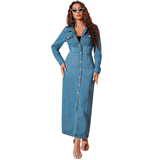 Denim Light Blue/Gradient Dark Blue Turn-Down Collar Button-Up Long Sleeve Maxi Jean Dress