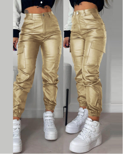 Solid Color PU Leather Ruched Women's Multi-Pocketed Patchwork Skinny Trouser Cargo Pants