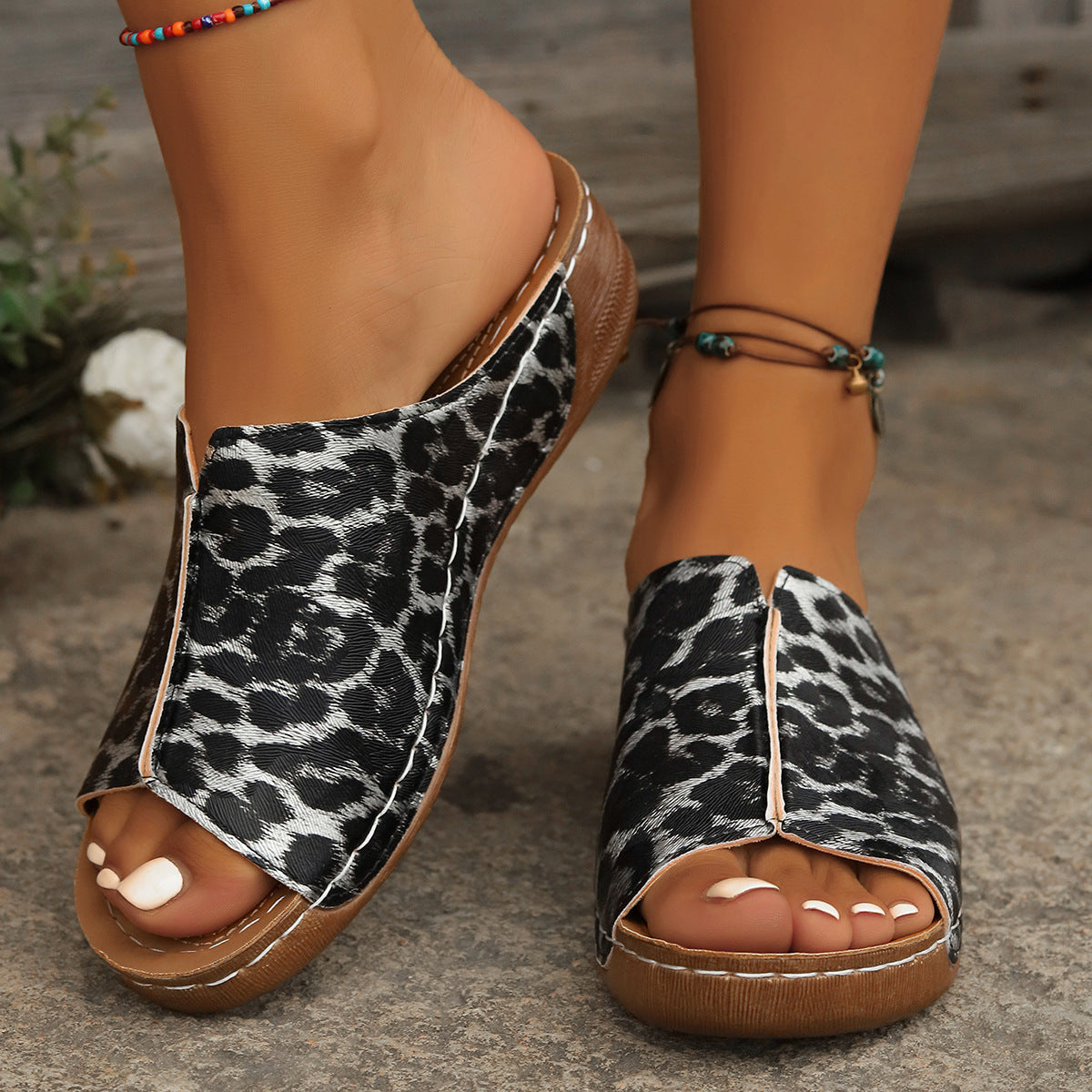Snake/Leopard/Geometric Print Flat Women's Open Toe Wedge Sandals