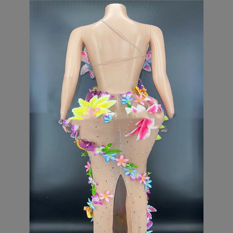 Big Flower Rhinestone Embellished Sleeveless Sheer Transparent Maxi Performance Costume Formal Maxi Dress