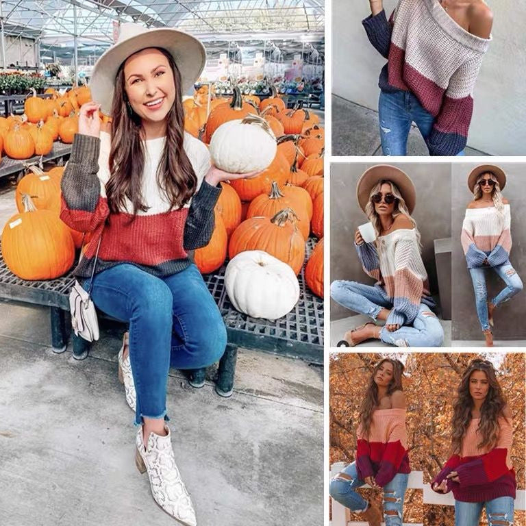 Striped Colorblock Off-the-Shoulder Knitted Women's Long Sleeve Sweater