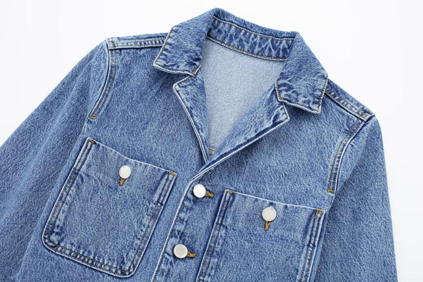 Denim Faded Blue Turn-Down Collar Button-Up Long Sleeve Straight Leg Jeans Jumpsuit