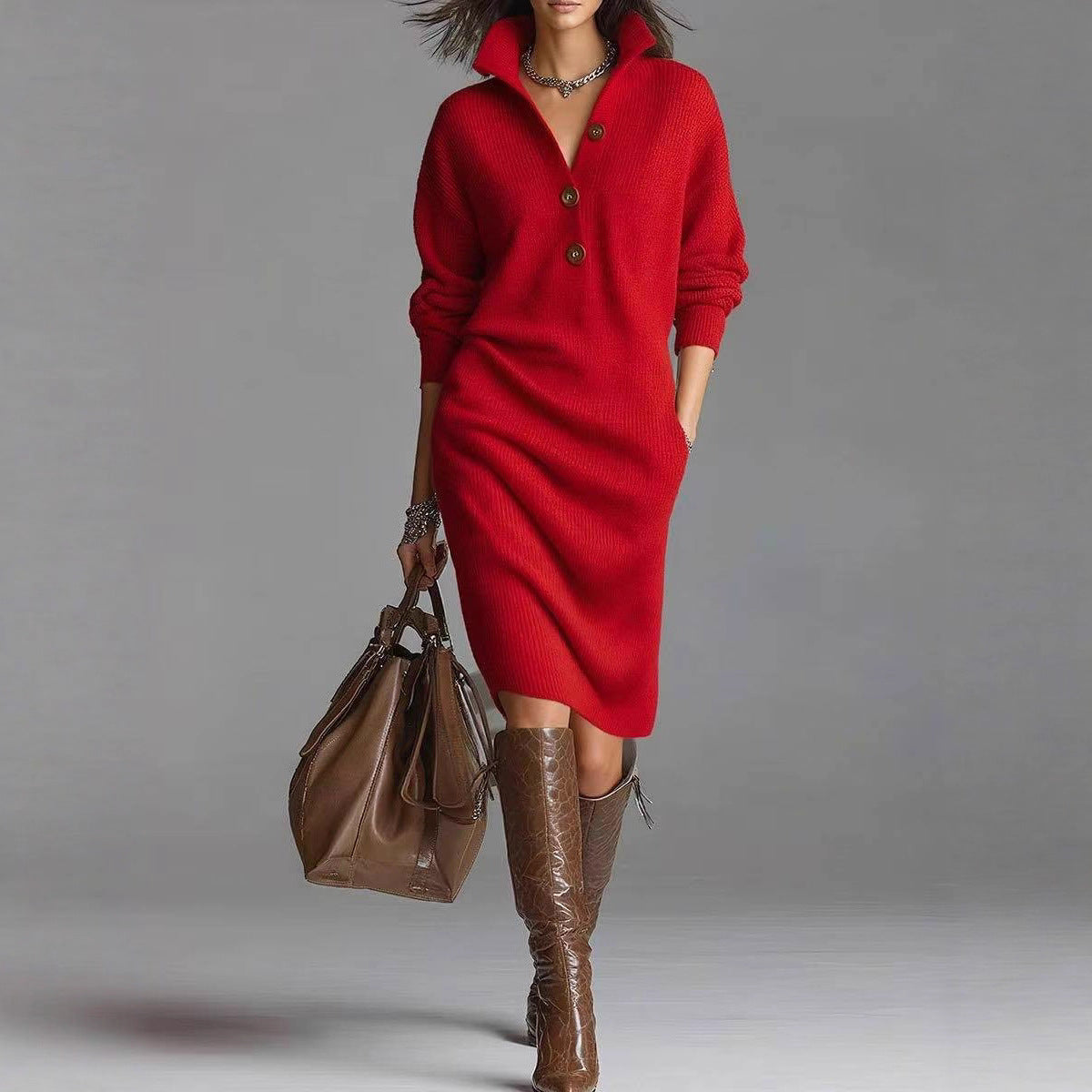 Knitted Button-Up Long Sleeve Stand Turn-Down Collar Pullover Sweater Dress to 3X Plus Size