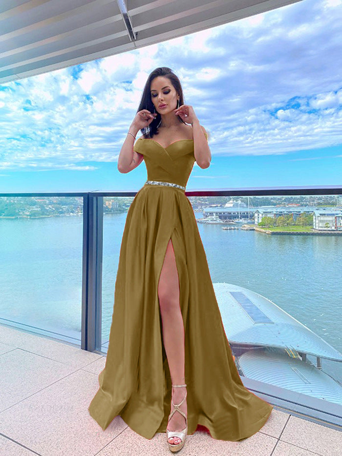 Off-the-Shoulder Deep V-Neck Solid Color Pleated High Slit Formal Floor-Length Maxi Dress