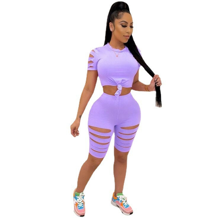 Solid Color Short Sleeve Crop Top + Ripped Biker Shorts 2-Piece Fitness Set