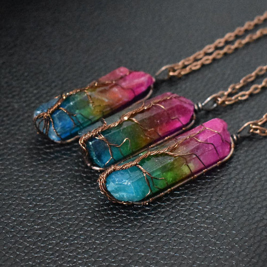Gradient Colorblock Crystal Stone Pillar Tree Of Life Pendant Chain Necklace