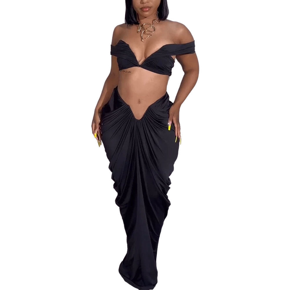 Sleeveless Off-the-Shoulder Crop Tube Top + Ruched Pleated Maxi Skirt 2-Piece Set