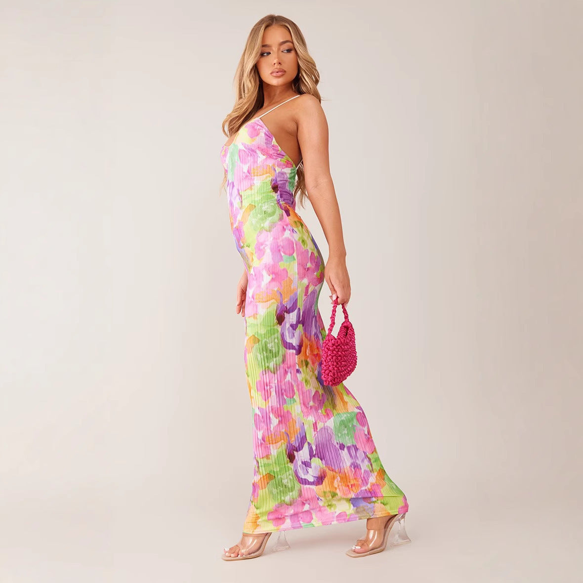 Pleated Sleeveless Floral Colorblock Print Spaghetti Strap Sling Maxi Dress