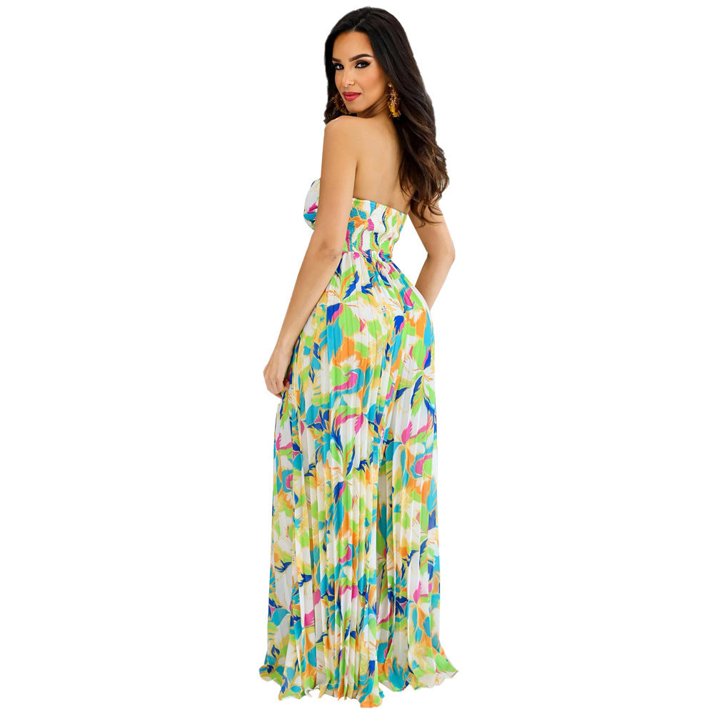Pleated Sleeveless Tropical Floral Print Women's Hollow-Out Tube Top Wide Leg Pants Jumpsuit