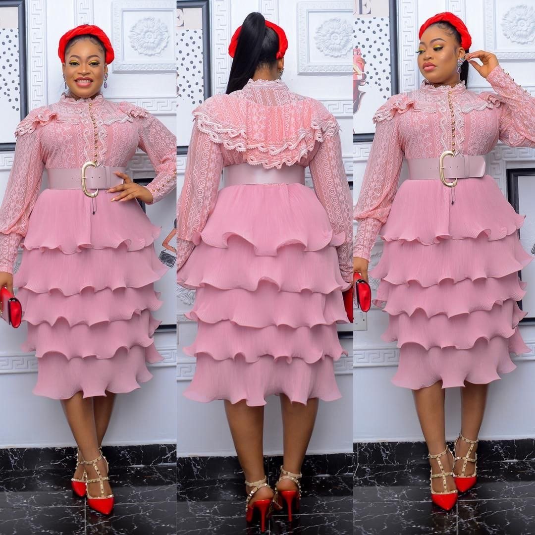 Ruffled Round Neck Loose Tiered Long Sleeve Formal Belted Dress to 5X Plus Size