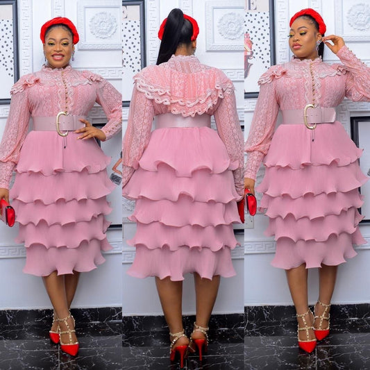 Ruffled Round Neck Loose Tiered Long Sleeve Formal Belted Dress to 5X Plus Size