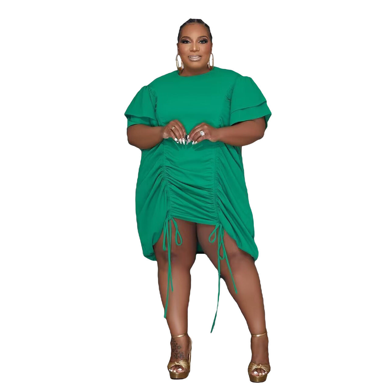 Oversized Ruched Double Short Sleeve Drawstring Midi Dress to 5X Plus Size