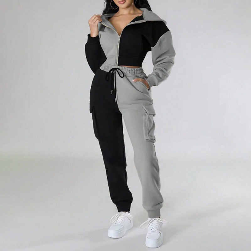 Colorblock Streetwear 2-Tone Cropped Zipper Sports Hoodie Jacket & Drawstring Cargo Pocketed Sweatpants Women's Tracksuit to 3X Plus Size